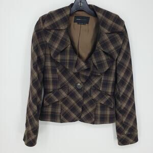 BCBGMaxazria Y2K Plaid Blazer Jacket XS Wool Ruffle Collar Brown Black BCBG